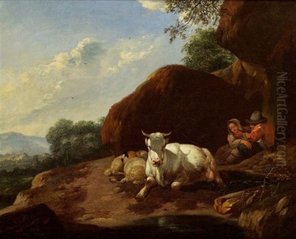 Italienische Gebirgslandschaft Mit Hirtenpaar Oil Painting by Johann Heinrich Roos