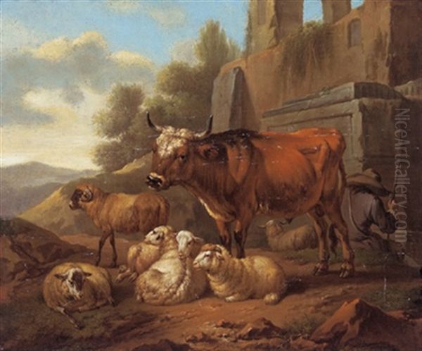 Hirte Und Herde In Einer Sudlichen Landschaft (+ Ein Hirte Mit Einem Stier Und Schafen In Einer Sudlichen Landschaft; Pair) Oil Painting by Johann Heinrich Roos