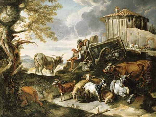 A Capriccio With Herders Resting, The Temple Of Vesta Beyond Oil Painting by Johann Heinrich Roos