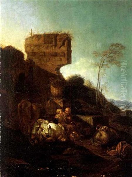 Hirtenpaar Mit Herde Vor Ruinen Oil Painting by Johann Heinrich Roos