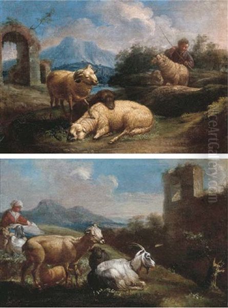 A Shepherdess Resting With Her Flock Near A Ruin In A Mountainous Landscape (+ A Shepherd With His Sheep In An Italianate Landscape; Pair) Oil Painting by Johann Heinrich Roos