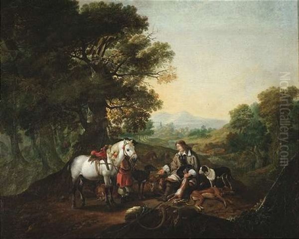 Rast Nach Der Hasenjagd Oil Painting by Johann Heinrich Roos