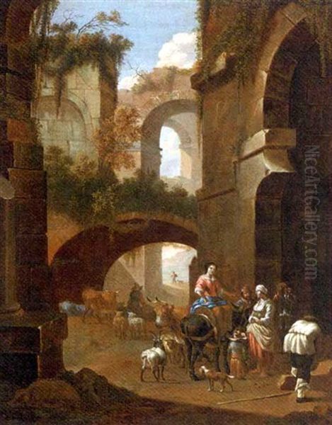 An Architectural Capriccio With Peasants Amongst Ruins Oil Painting by Johann Heinrich Roos