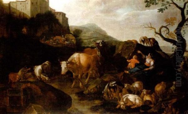 An Italianate Landscape With Drovers And Cattle, A Hilltop Village Beyond Oil Painting by Johann Heinrich Roos