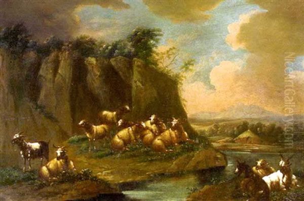 Schafe Und Ziegen In Sommerlandschaft Oil Painting by Johann Heinrich Roos