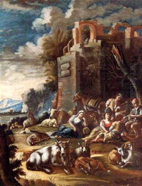 An Italianate Landscape With Peasants Resting With Cattle And Sheep Amongst Ruins Oil Painting by Johann Heinrich Roos