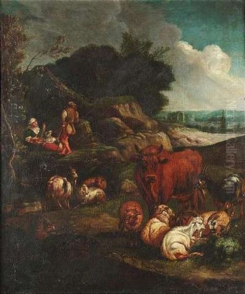 Ruhende Herde Und Schafer In Campagnalandschaft Oil Painting by Johann Heinrich Roos