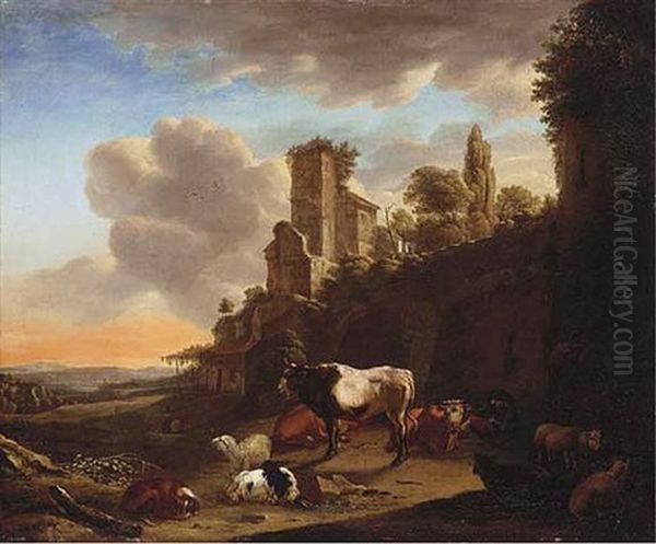 An Italianate Landscape With A Peasant Resting With His Cattle And Sheep Amongst Ruins Oil Painting by Johann Heinrich Roos