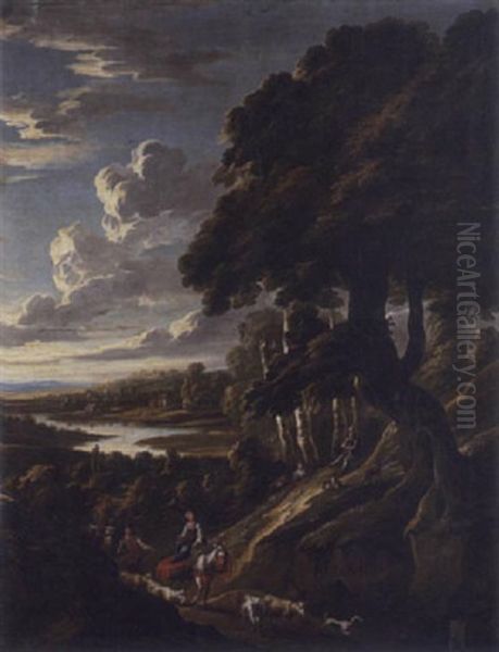 Heimwarts Ziehende Hirten Mit Ihrer Herde, Im Hintergrund Flusslandschaft Oil Painting by Johann Heinrich Roos