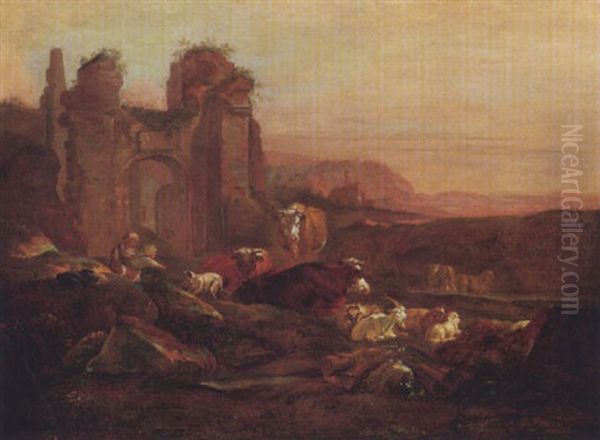 Hirtin Mit Ruhender Herde In Ruinenlandschaft Bei Dammerung Oil Painting by Johann Heinrich Roos