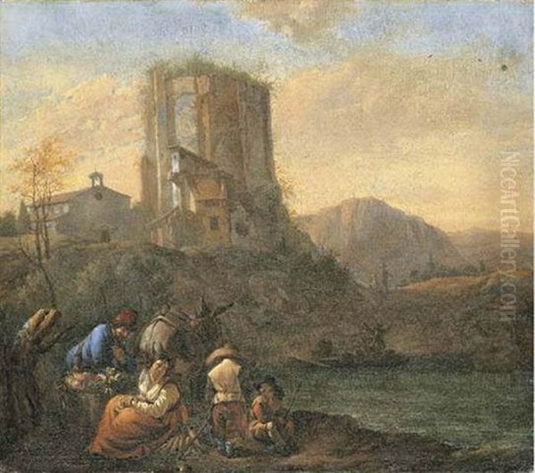 An Italianate River Landscape With Peasants Resting On The Way To Market, A Ruined Tower Beyond Oil Painting by Johann Heinrich Roos