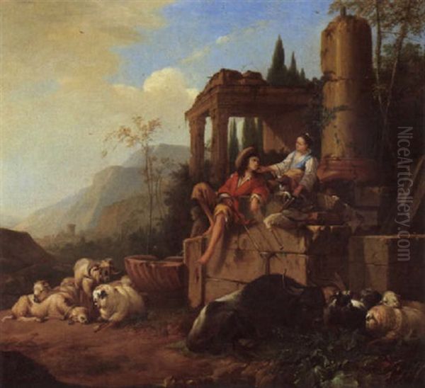 Southern Landscape With A Drover And Shepherdess With Their Flocks Beside A Fountain Oil Painting by Johann Heinrich Roos