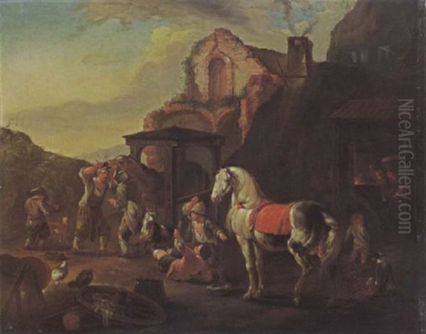 An Italianate Landscape With A Blacksmith And Children Playing Before His Workshop Oil Painting by Johann Heinrich Roos