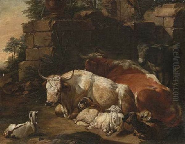 Bulls, Goats, Sheep And A Donkey Before A Ruined Wall, A Landscape Beyond Oil Painting by Johann Heinrich Roos