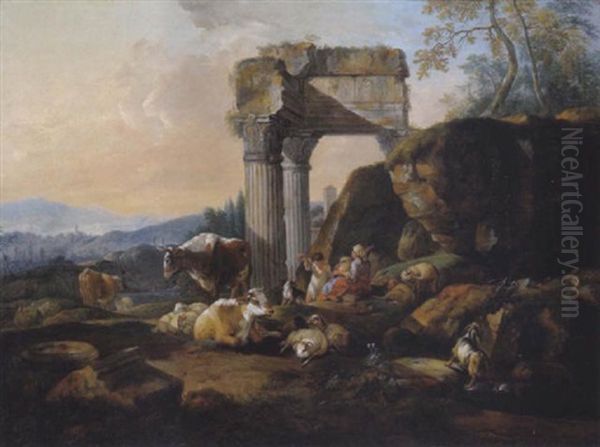 Eine Dudelsackspielende Hirtin Mit Ihrem Sohn Und Herde In Der Romischen Campagna Oil Painting by Johann Heinrich Roos