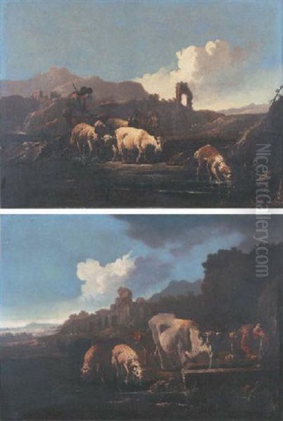 A Drover With Cattle, Sheep And Goats At A Watering Trough In An Italianate Landscape Oil Painting by Johann Heinrich Roos