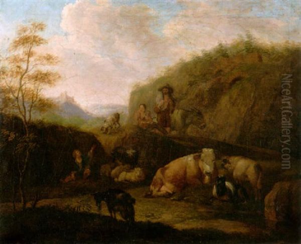 Landschaft Mit Bauern Und Tieren Oil Painting by Johann Heinrich Roos