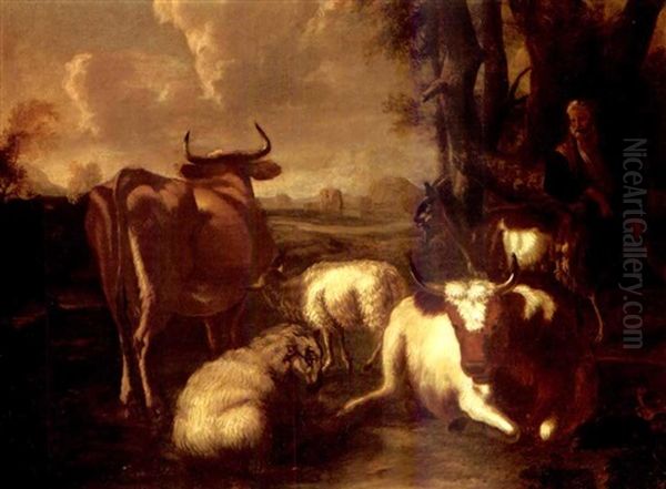 A Peasent And His Livestock Resting In An Italianate Landscape Oil Painting by Johann Heinrich Roos