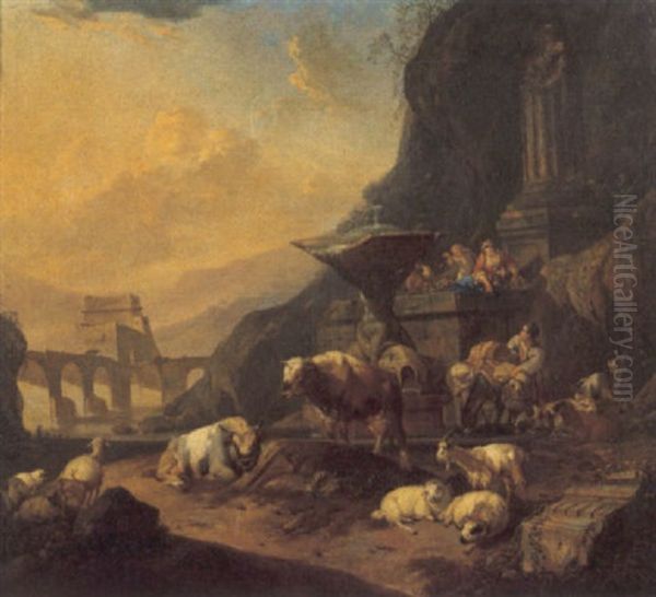 Capriccio Con Pastori E Armenti Presso Una Fontana Nella Campagna Laziale Oil Painting by Johann Heinrich Roos