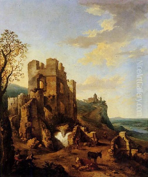 Paesaggio Agreste Con Fiume, Rovine Ed Animali Oil Painting by Johann Heinrich Roos