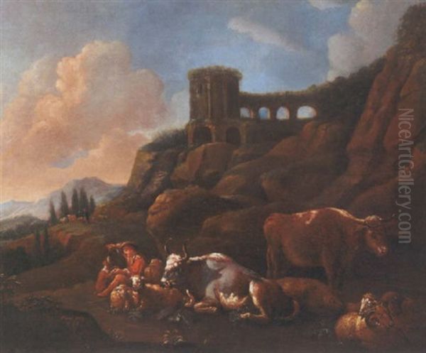 Italiensk Landskab Med Hyrde, Koer, Far Og Hund Oil Painting by Johann Heinrich Roos