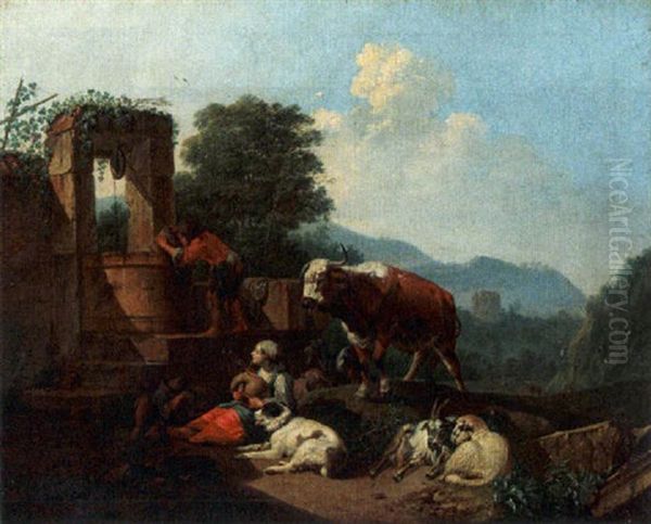 Shepherds And Their Herd Resting And Watering By A Fountain Oil Painting by Johann Heinrich Roos