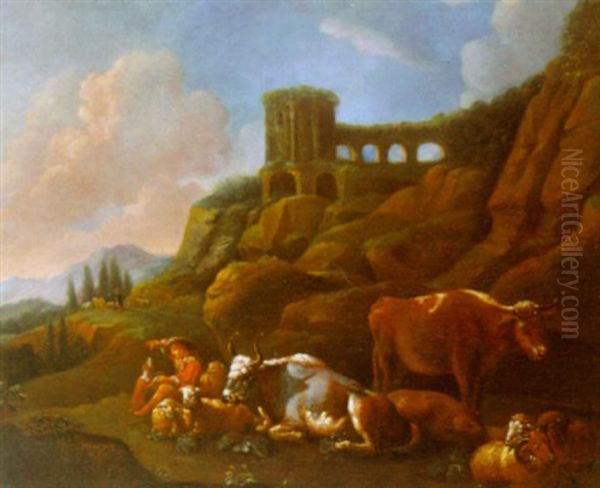 Italiensk Landskab Med Hyrde, Koer, Far Og Hund Oil Painting by Johann Heinrich Roos