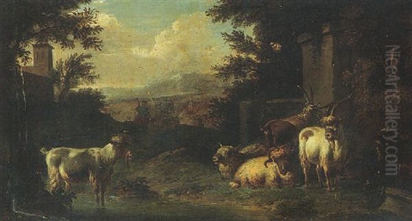 Sheep And Goats Resting By A Pool In A Classical Landscape Oil Painting by Johann Heinrich Roos