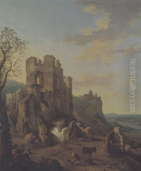 Gebirgige Sudliche Flusslandschaft Mit Ruinen Und Hirten Oil Painting by Johann Heinrich Roos