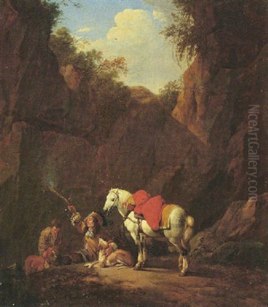 A Huntsman Firing A Pistol In A Rocky Landscape, Along With His Horse, Hounds And Attendant Oil Painting by Johann Heinrich Roos