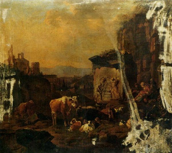 A Landscape With Drovers And Their Animals Resting Among Classical Ruins Oil Painting by Johann Heinrich Roos