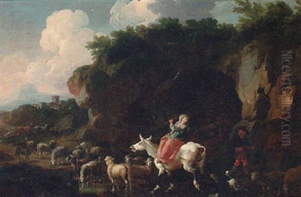 A Shepherdess With Her Flock Fording A Stream Oil Painting by Johann Heinrich Roos