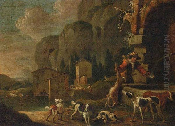 A Sportsman At A Fountain In An Italianate Landscape Oil Painting by Johann Heinrich Roos