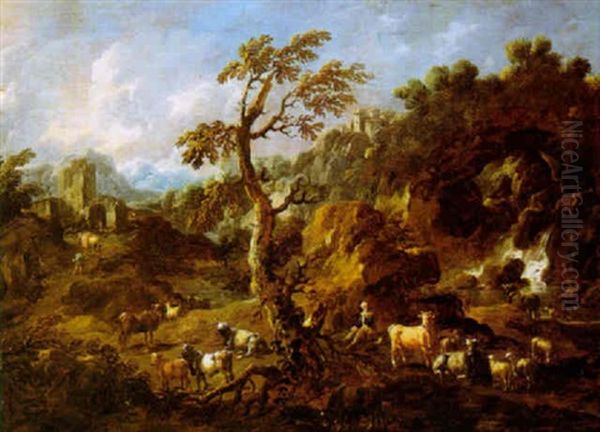 Paesaggio Fluviale Con Rovine E Viandanti Oil Painting by Johann Heinrich Roos