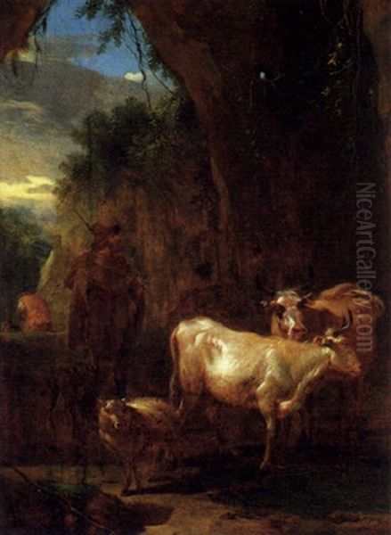 Hirt Mit Kuhen Und Einem Schaf In Einer Gebirgigen Landschaft Oil Painting by Johann Heinrich Roos