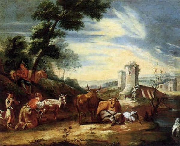 Sudliche Landschaft Mit Hirten Und Herde Oil Painting by Johann Heinrich Roos