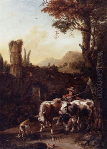 An Italianate River Landscape With A Herdsman, A Ruined Building Beyond Oil Painting by Johann Heinrich Roos