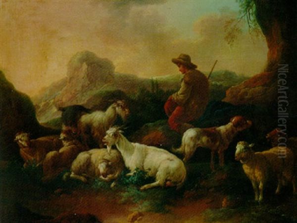 A Shepherd With His Flock In Mountainous Landscape Oil Painting by Johann Heinrich Roos