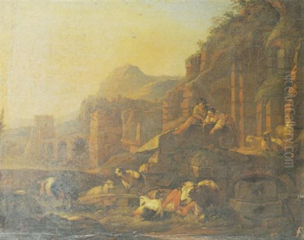 Italienische Landschaft Mit Hirtenpaar, Ziegen Und Schafen Oil Painting by Johann Heinrich Roos