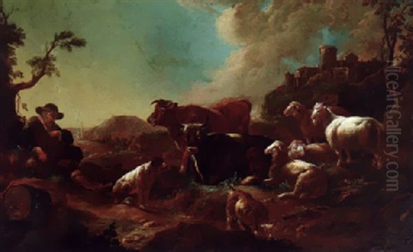 A Herdsman With Cattle And Sheep In An Italianate Landscape Oil Painting by Johann Heinrich Roos