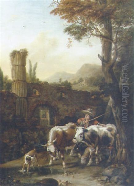 An Italianate River Landscape With A Herdsman, A Ruined Building Beyond Oil Painting by Johann Heinrich Roos