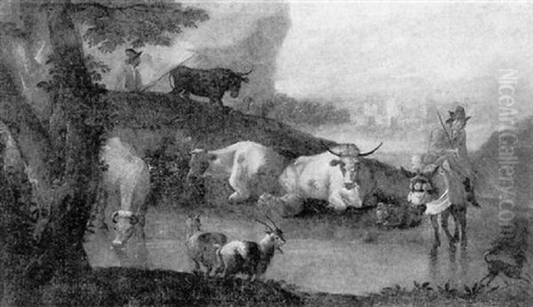 An Italianate River Landscape With Cowherds Watering Their Livestock Oil Painting by Johann Heinrich Roos