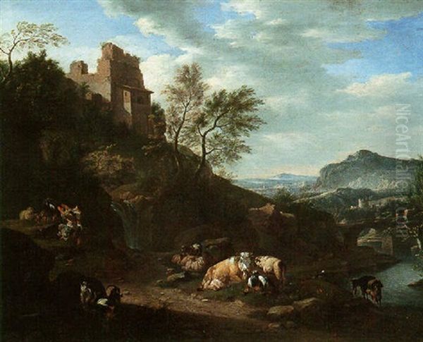 A Southern River Landscape With Children, Cattle, Sheep And Goats Oil Painting by Johann Heinrich Roos