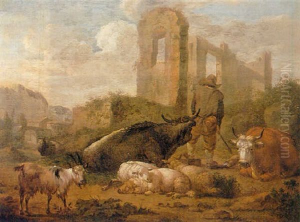 A Shepherd With His Herd Oil Painting by Johann Heinrich Roos