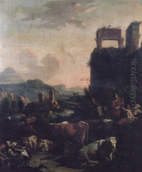 An Evening Italianate Landscape With A Shepherd And His Family Amid Livestock Beside Roman Ruins Oil Painting by Johann Heinrich Roos