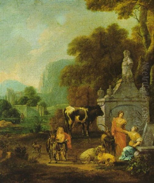 Pastorale Szene Mit Hirtinnen Und Herde Vor Einem Steinernen Monument In Einer Lichtdurchfluteten Sudlichen Landschaft Oil Painting by Johann Heinrich Roos