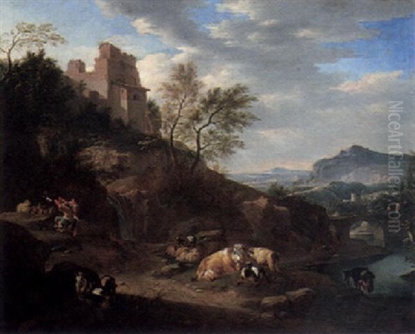 A Southern River Landscape With Children, Cattle, Sheep And Goats Oil Painting by Johann Heinrich Roos