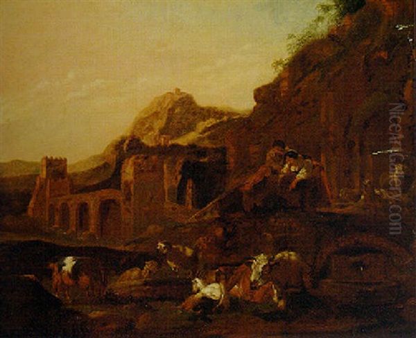 An Italianate Landscape With A Shepherd And Shepherdess Amongst Ruins Oil Painting by Johann Heinrich Roos