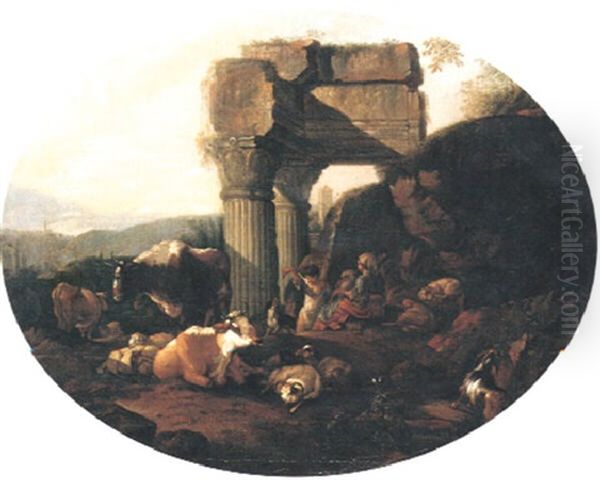 Ruinlandskap Med Boskap Oil Painting by Johann Heinrich Roos