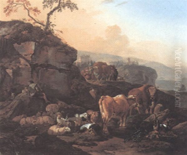 Italianate Landscape With A Young Shepherd Resting With Aninals, A Town Beyond Oil Painting by Johann Heinrich Roos